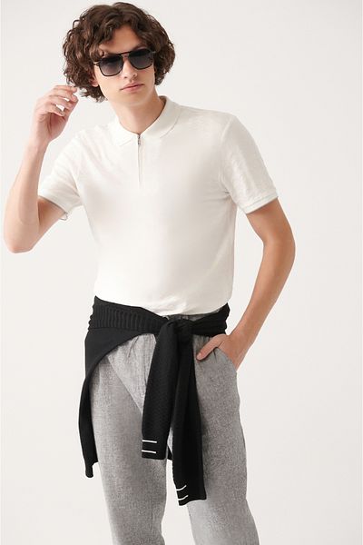 Avva Weißes Herren-T-Shirt mit Polokragen aus 100 % Baumwolle mit Reißverschluss A31y1165