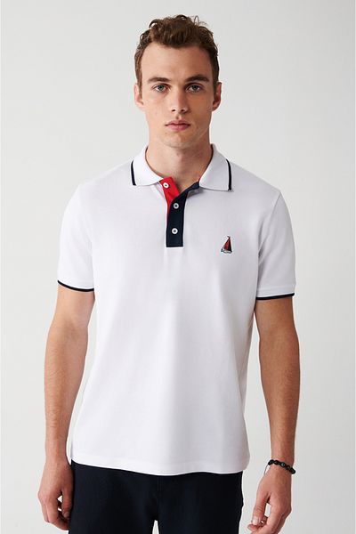 Avva Weißes Herren-T-Shirt mit Polokragen, 100 % Baumwolle, Marine-Aufdruck, A31y1188
