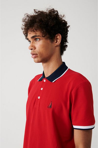 Avva Rotes Herren-T-Shirt mit Polokragen, 100 % Baumwolle, Marine-Aufdruck, A31y1189