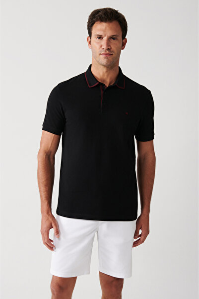 Avva Schwarzes Herren-T-Shirt mit Polokragen aus 100 % Baumwolle mit Druckkno...
