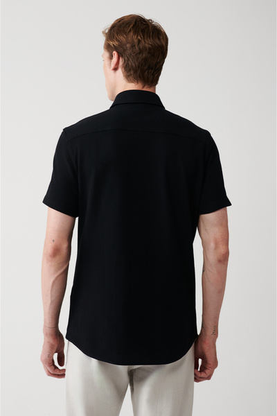 Avva Men's Black Easy-Iron Classic Collar Knitted Lycra Cotton Shirt E 002051