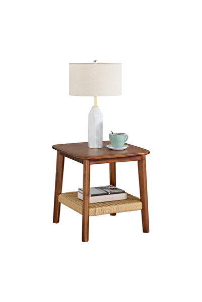 Generic Side Table - Classic-looking with Woven Shelf - Solid Acacia Wood Elegant Coffee Table 45x45x55cm