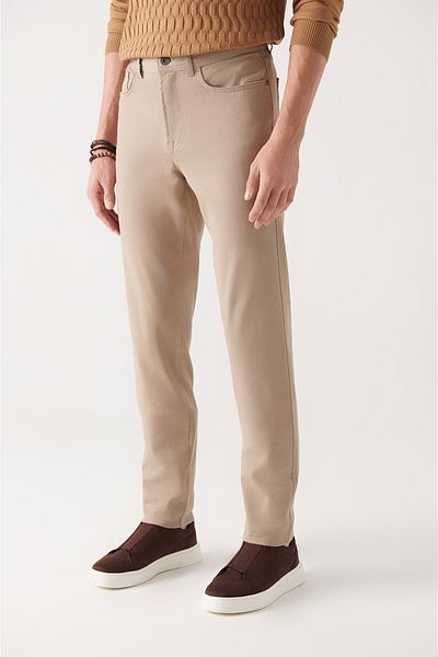 Avva Men's Beige Basic 5 Pocket Cotton Trousers E 003054