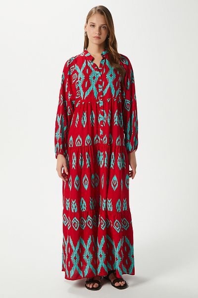 Ritnice Modest Megan Red Turquoise Women's 100% Viscose Maxi Length Tiered Balloon Sleeve Long Summer Dress