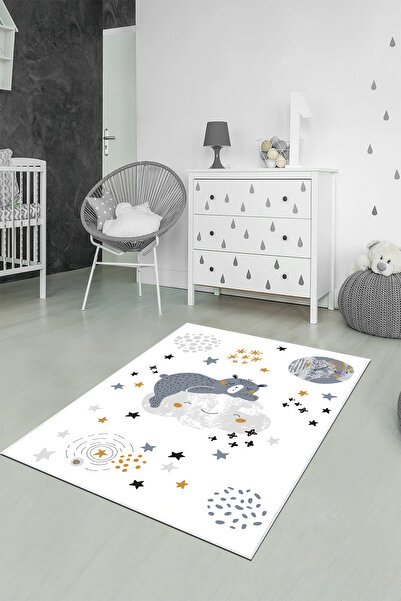 CENTER AVM Beyaz Çocuk Odası Halısı Leke Tutmaz Makinede Yıkanabilir Kaymaz T...