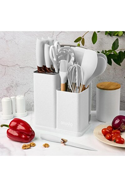 Onuvio 19-piece kitchen utensil set, Wood and Food-grade Silicone, Knives, Chopping Board, Onuvio™ - White