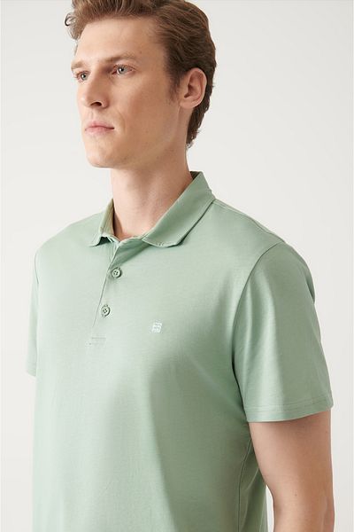 Avva Men's Water Green Non-Curling 100% Cotton 3-Button Polo Collar T-Shirt E 001035