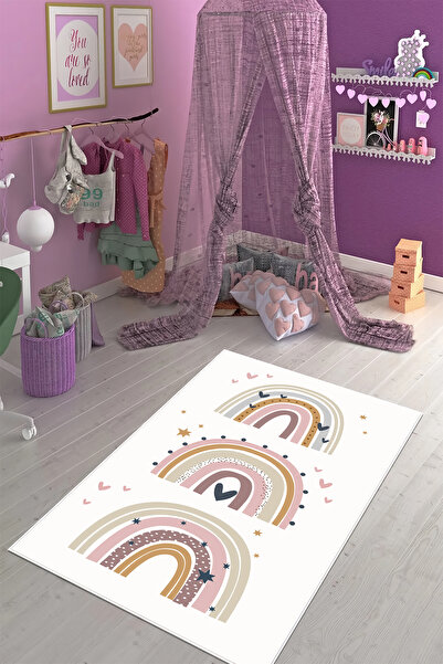 CENTER AVM Gökkuşağı Desenli Çocuk Odası Halısı Leke Tutmaz Makinede Yıkanabi...