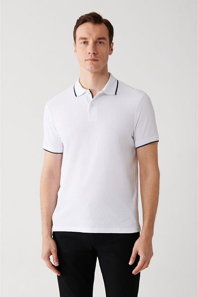 Avva Weißes Herren-T-Shirt mit 2 Knöpfen, 100 % Baumwolle, Jacquard-Polokragen, A31y1185