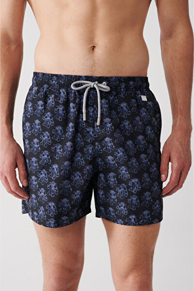 Avva Schnelltrocknende Badeshorts mit kleinem Oktopus-Aufdruck in Marineblau, Standardgröße, speziell verpackt, bequeme Passform