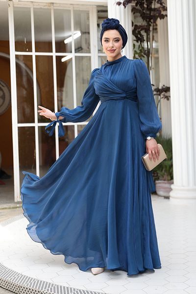 N.S NEVA STYLE Drape Detailed Navy Blue Hijab Evening Dress 4823L