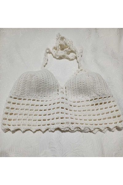 MERUT STYLE HAYATINI RENKLENDİR Hand Knitted Cotton Rope White Crop Bustier Tie Back
