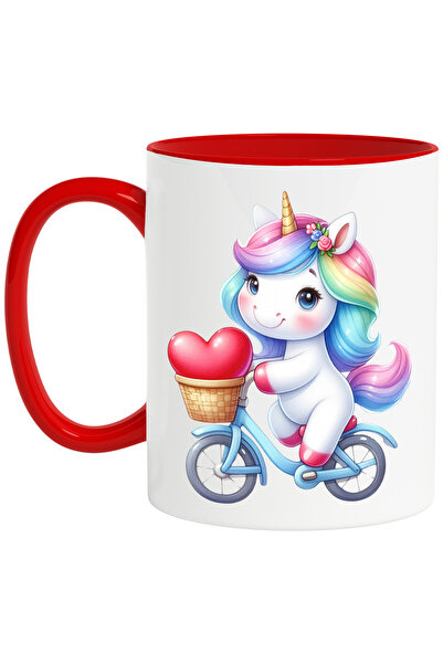 StoryGift Romania Cana cu un unicorn care se plimba cu bicicleta. ilustratie. cos cu inimioara, fl, Cu Maner Rosu