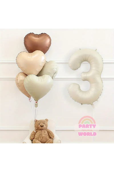 party world Cream Number 3 Foil Balloons and 5-Piece Heart Foil Balloon Set i...