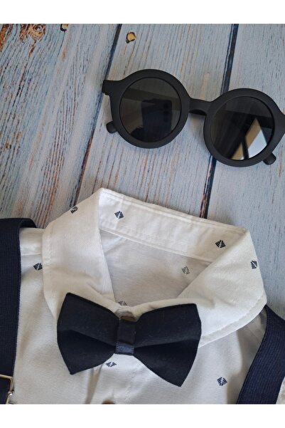 Çelix Gözlük Hediyeli Erkek Çocuk Dörtlü Takım Desenli Gömlek, Papyon, Askılı Kapri Pantolon