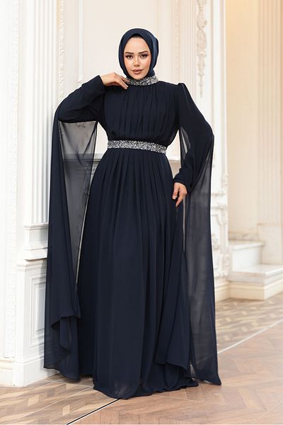 N.S NEVA STYLE Βραδινό φόρεμα με μανδύα στους ώμους Navy Blue Hijab 25911L