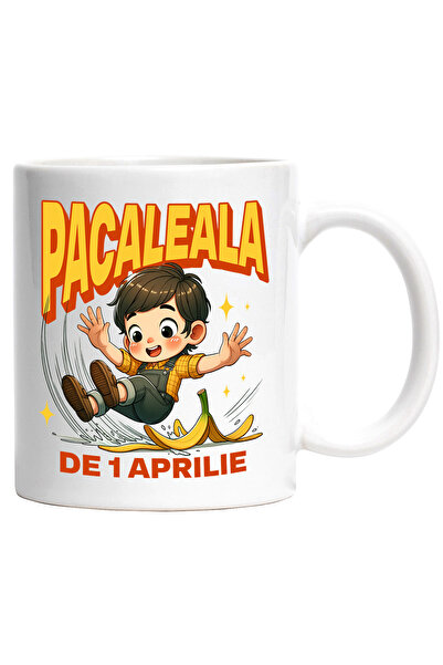 StoryGift Romania Cana pacaleala de 1 aprilie copil cade pe banana, 330ml, Ceramic cu Maner Alb, Cu Maner Alb