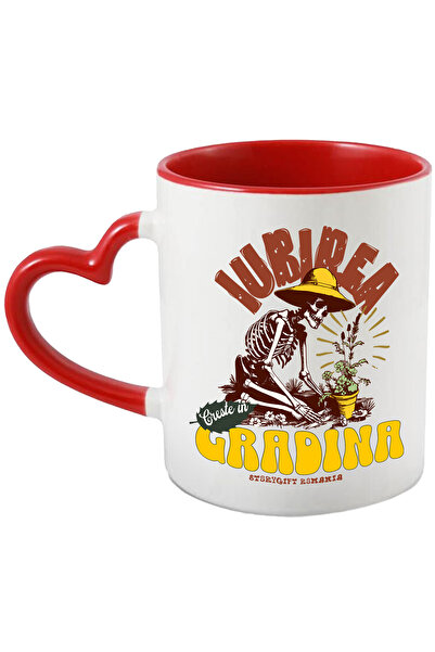StoryGift Romania Cana Iubirea creste in gradina, schelete gradinar natura, 330ml, Ceramica cu Man, Cu Maner Inim