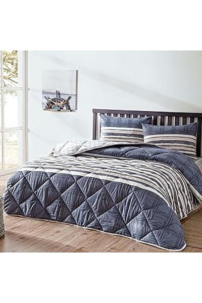 Mu Art Ahşap Taç Wilson Geometric Patterned 100% Cotton Quilt Set, Navy Blue, Double (Quilt: 195X215 Cm/Char
