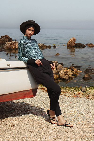 Minel Μπλε Hijab Μαγιό - Κοντό, Πλήρως Κάλυμμα, Σετ 2 K-044