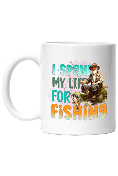 StoryGift Romania Cana cu pescar batran la pescuit cu mesajul "I spend my life for fishing", imi p, Cu Maner Alb