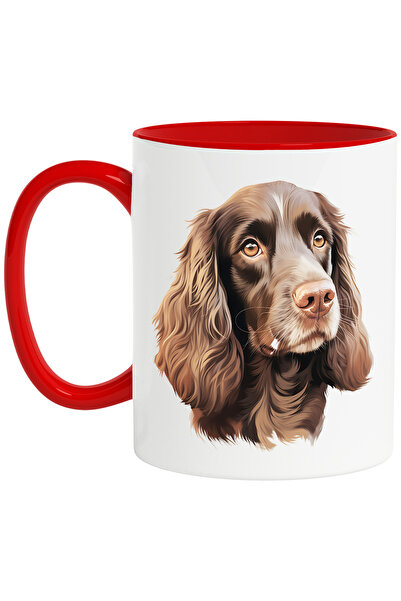 StoryGift Romania Cana cu un catel maro serios, ilustratie, putin trist, afectiune, pentru iubitor, Cu Maner Rosu