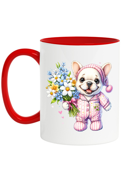 StoryGift Romania Cana cu un catelus vesel care tine un buchet cu flori | cadou | ilustratie | dar, Cu Maner Rosu