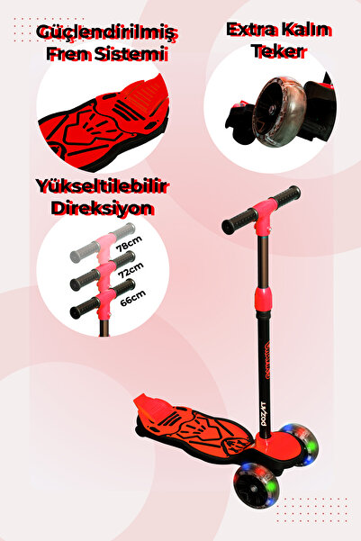 POZART Scooter Chanky Kalın ve Led Işıklı 3teker Güçlü Fren 100kğ Kapasite 3kademe Ayarlanabilir Direksiyon