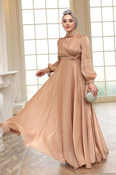 N.S NEVA STYLE Drape Detailed Camel Hijab Evening Dress 4823C