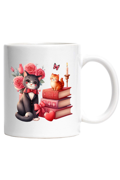 StoryGift Romania Cana cu 2 pisici | ilustratie | una sta pe un teanc cu cart...