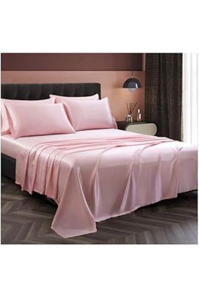 Silk Cocoon Set de lenjerie de pat dublu din satin de bumbac roz texturat din mătase 4 piese