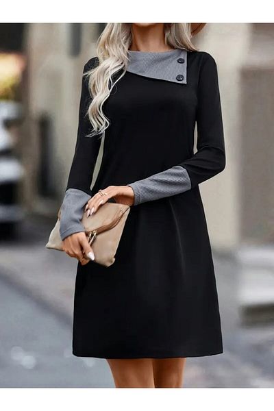 REKA MODA    Women's Long Sleeve Collar Buttoned Short Viscose Two Thread Dress