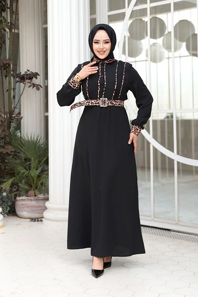 N.S NEVA STYLE Λεοπάρ Λεπτομερές Μαύρο Φόρεμα Hijab 10246S