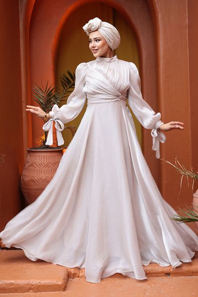 N.S NEVA STYLE Drape Detailed Beige Hijab Evening Dress 4823Bej