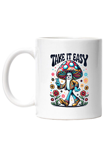 StoryGift Romania Cana cu mesajul "Take it easy", stilul hippie, cultura, ilustratie, psihedelic, , Cu Maner Alb