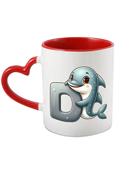 StoryGift Romania Cana cu un delfin cu litera "D", ilustratie, pentru copii, scoala, elev, alfabet, Cu Maner Inim