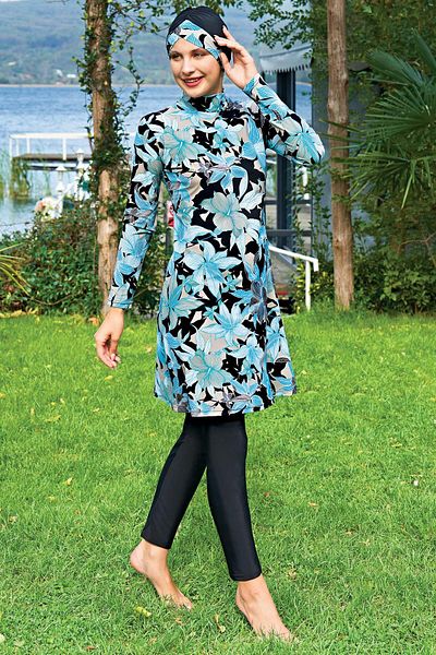 Ruko Maio 2431-6 Large Size Patterned Lycra Water Repellent and Quick Drying Fabric Full Hijab Swimsuit