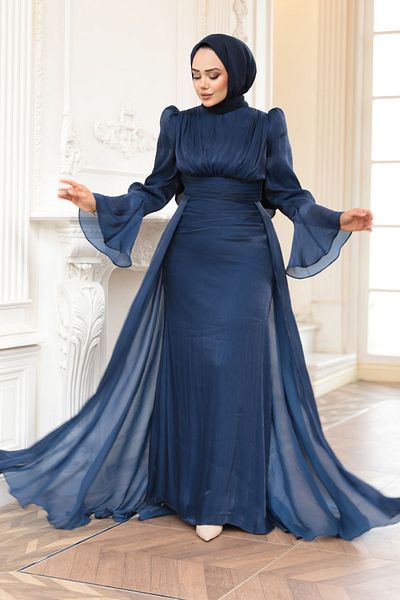 N.S NEVA STYLE Tailed Navy Blue Hijab Evening Dress 4986L