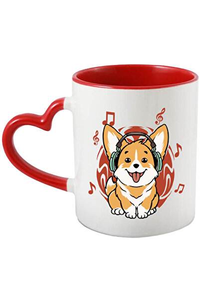 StoryGift Romania Cana Cu Corgi, Caine, Muzica, Casti, Multicolor 330 ml, Ceramica cu Maner Inima , Cu Maner Inim