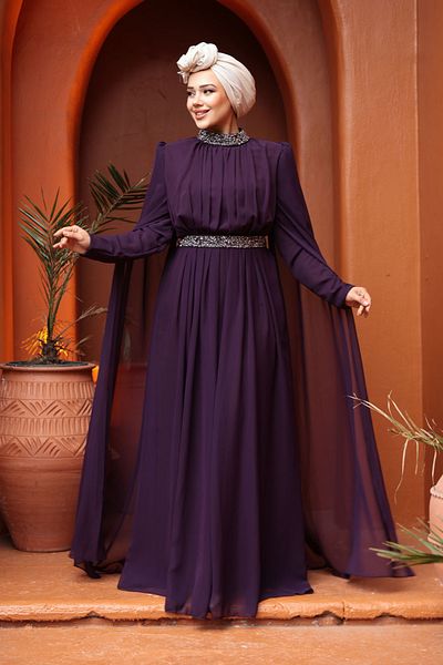 N.S NEVA STYLE Βραδινό φόρεμα με μανδύα ώμους Plum Hijab 25911MU