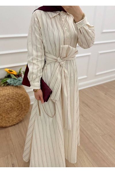 Rabia Ateş Raleyl Cream Burgundy Striped Linen Dress