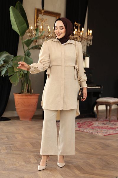 N.S NEVA STYLE Buttoned Beige Hijab Double Suit 68351Bej