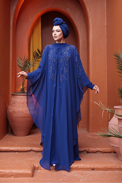 N.S NEVA STYLE Μπλε Μπλε Χιτζάμπ Βραδινό Φόρεμα με Cape 25909SX