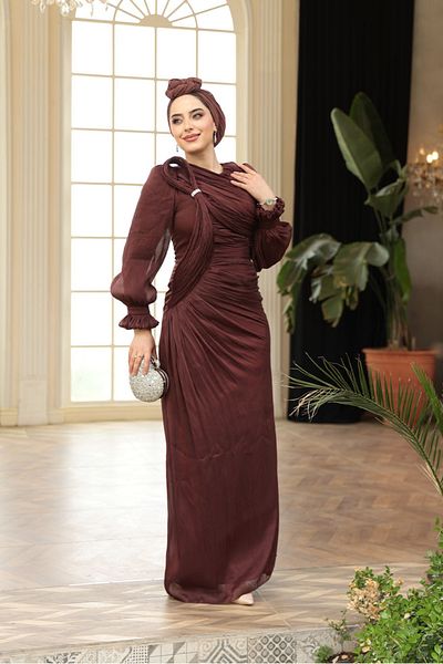 N.S NEVA STYLE Draped Brown Hijab Evening Dress 51512Kh
