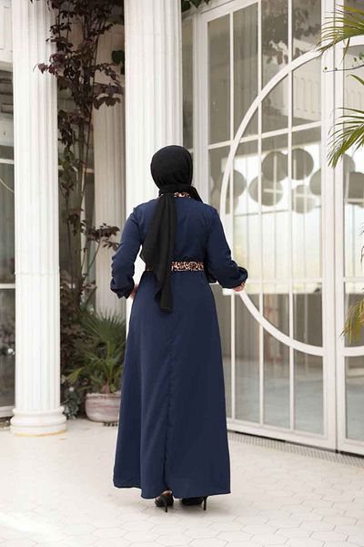 N.S NEVA STYLE Λεοπάρ Λεπτομερές Μπλε Ναυτικό Φόρεμα Hijab 10246L