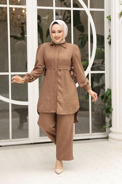 N.S NEVA STYLE Buttoned Camel Hijab Double Suit 68351C