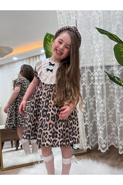 babymoon kids Leopard Pattern Lace Collar Detail Cotton Girl Dress