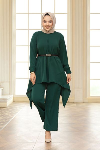 N.S NEVA STYLE Asymmetric Cut Emerald Green Hijab Double Suit 20253Zy