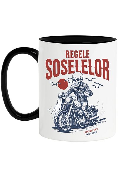 StoryGift Romania Cana regele soselelor schelete pe motor viteza motocicleta, 330ml, Ceramica cu M, Cu Maner Negru
