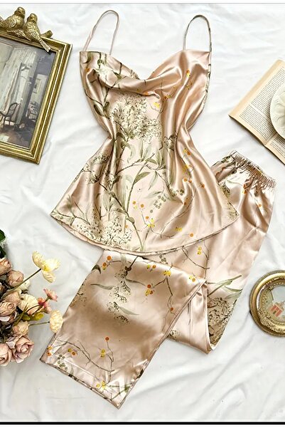 ARONA Saten Çiçekli Askılı Üst ve Uzun Pijama Alt Takımı